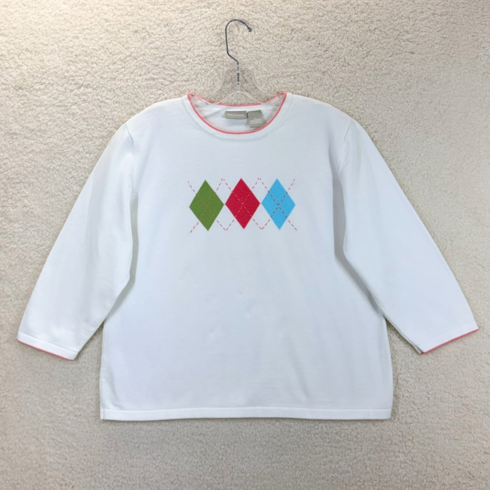 Fieldgear Pullover Sweater Angyle Knited Women Cream Size XL 3/4 Sleeve Cotton